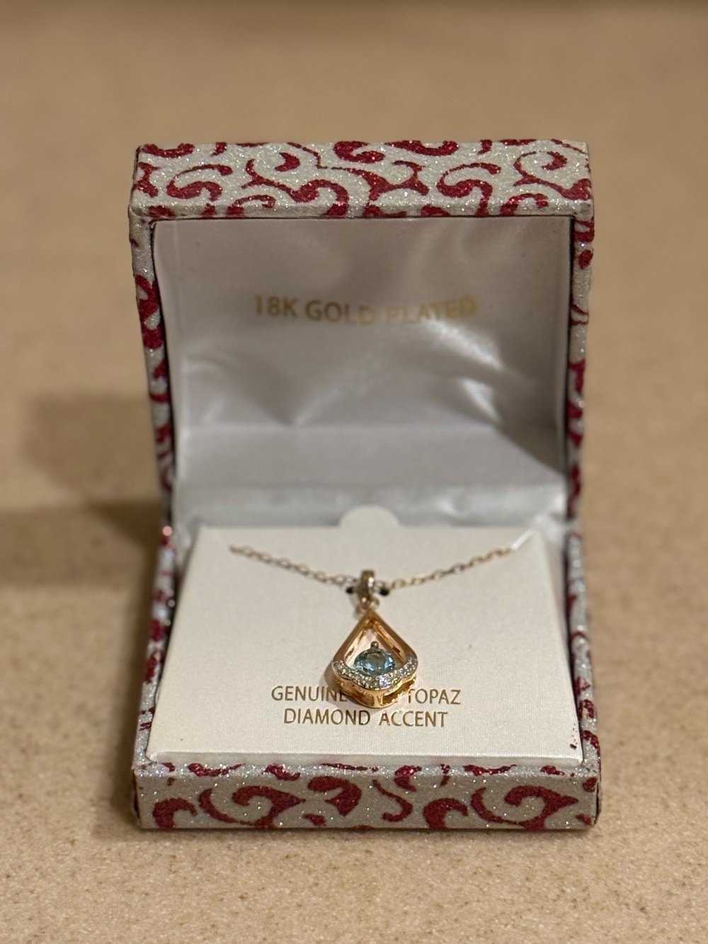 18K Gold Plated Genuine Blue Topaz & Diamond Necklace NWT Gift Box Included - Picture 4 of 8